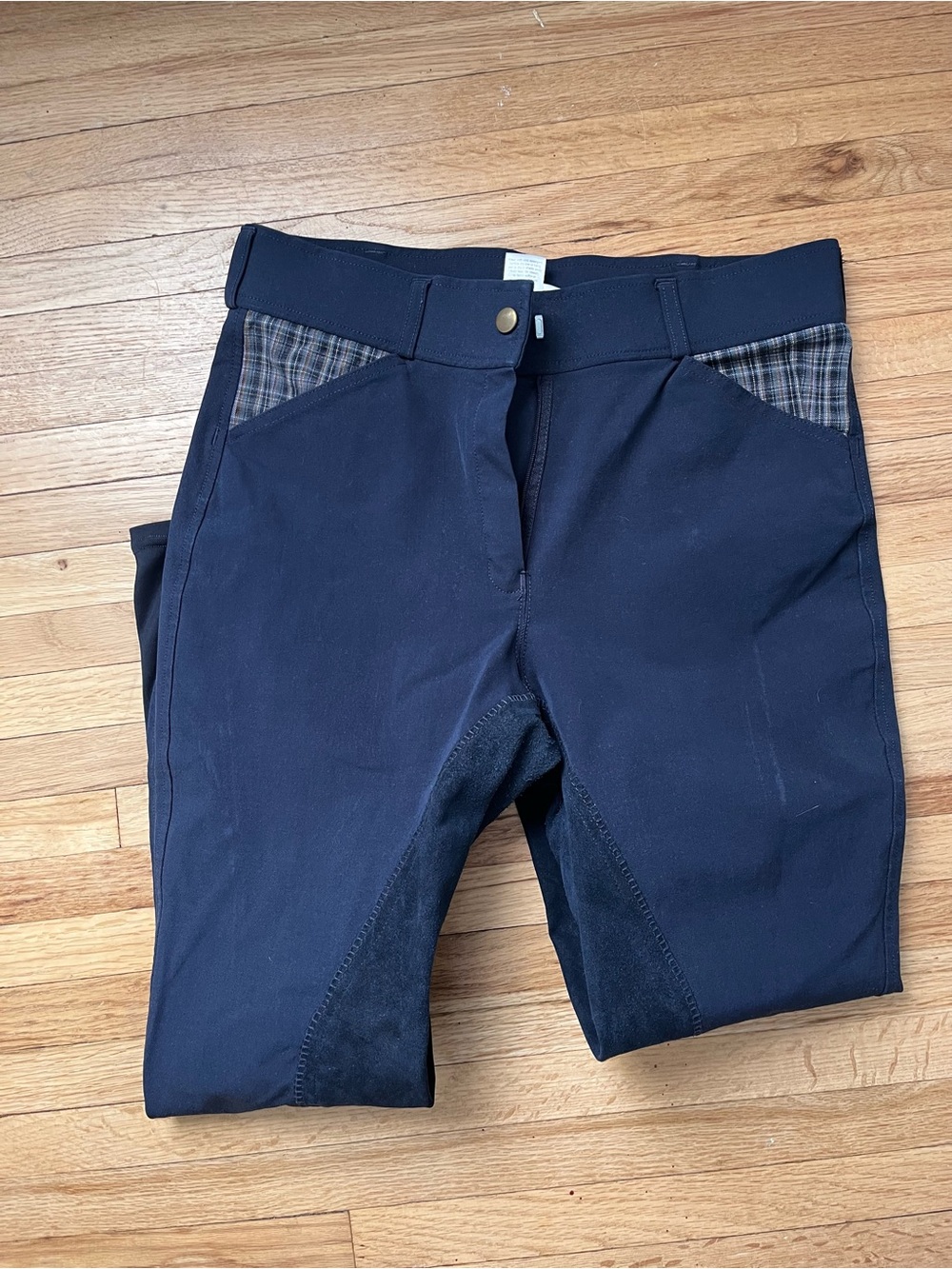 Navy Full Seat Breeches with Plaid Pocket Accents Dover Saddlery 30